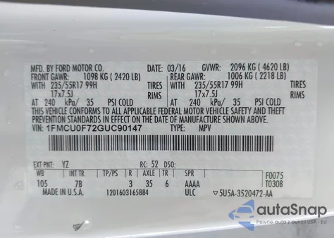 2016 Ford Escape S from USA, damaged, VIN 1FMCU0F72GUC90147